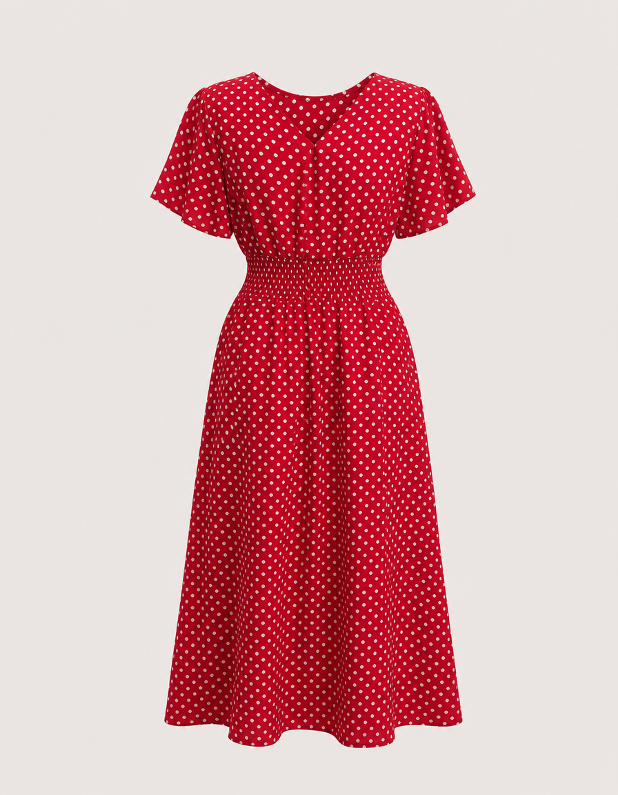 Chic women's polka dot wrap midi dress in red. Elegant V-neck, short sleeve design for wedding guests & parties.