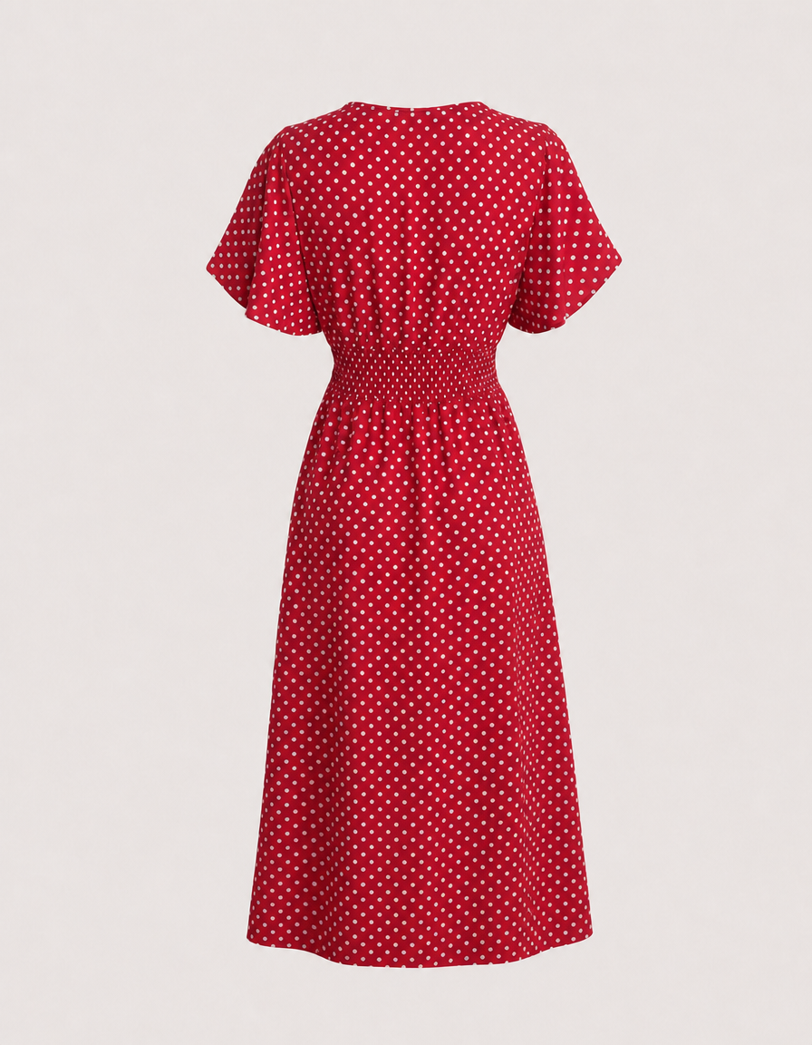 Flowy red polka dot wrap midi dress, ideal for women's summer wedding guests or elegant special occasion fashion.