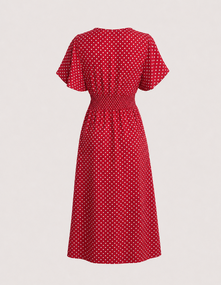 Flowy red polka dot wrap midi dress, ideal for women's summer wedding guests or elegant special occasion fashion.