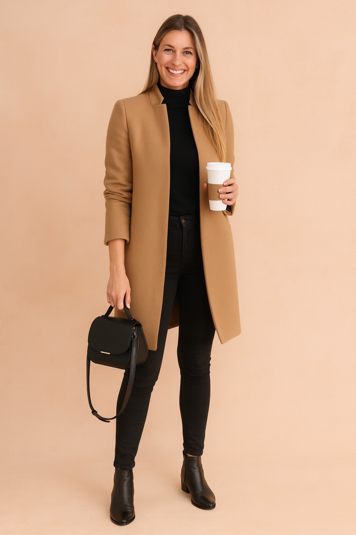 Elegant women's straight cut winter coat in black, perfect for urban style and office wear.