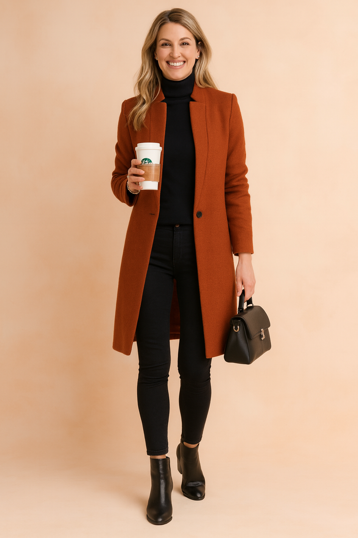 Model wearing a versatile women's straight cut winter coat, showcasing its elegant silhouette.