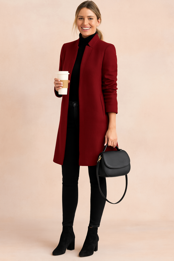 Casual styling of a women's elegant winter coat, demonstrating its adaptability.