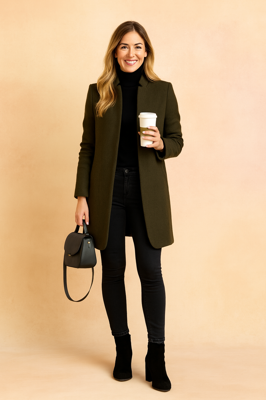 Back view of a women's straight cut winter jacket, highlighting its clean lines and knee-length.