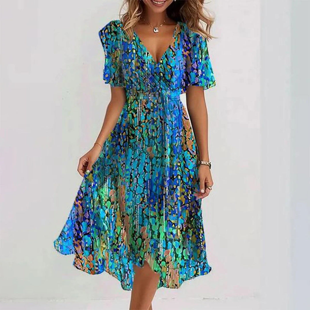 Flattering women's midi dress, perfect for summer casual wear or a chic vacation outfit. Effortless feminine fashion.