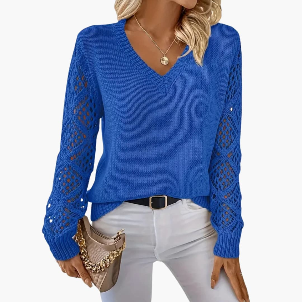 Versatile women's V-neck long sleeve pullover, great for layering or casual everyday outfits. Elegant and comfy.