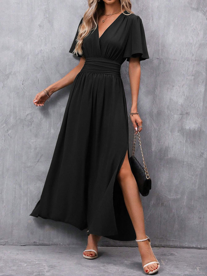 Elegant women's V-neck maxi dress with empire waist and flutter sleeves, perfect for summer parties or vacations.