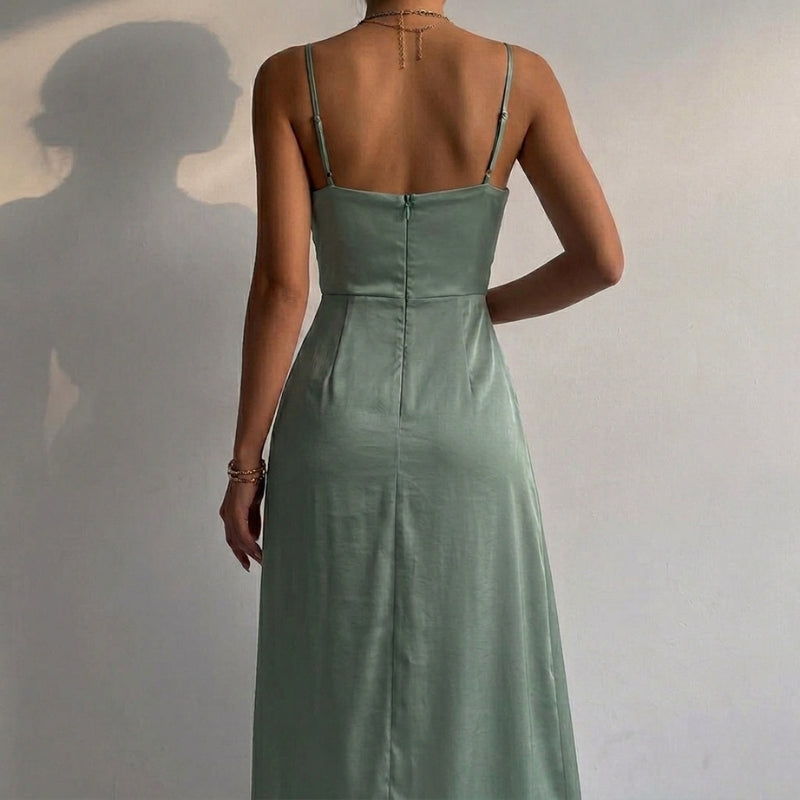 Formal women's evening wear: a flattering V-neck midi dress with an alluring slit.
