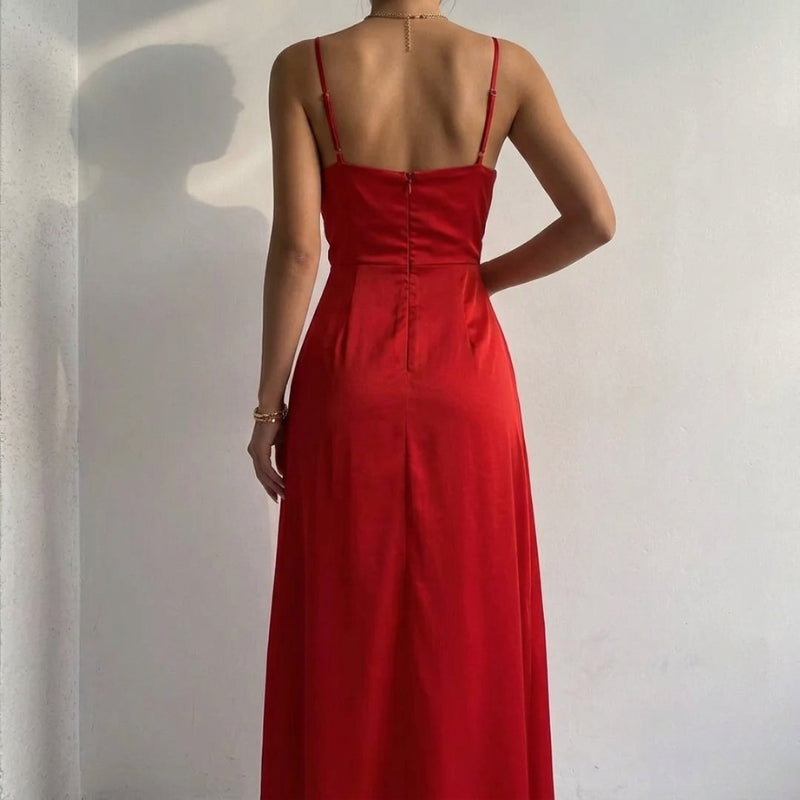 Stylish V-neck midi dress with a high slit, ideal for weddings and formal occasions.