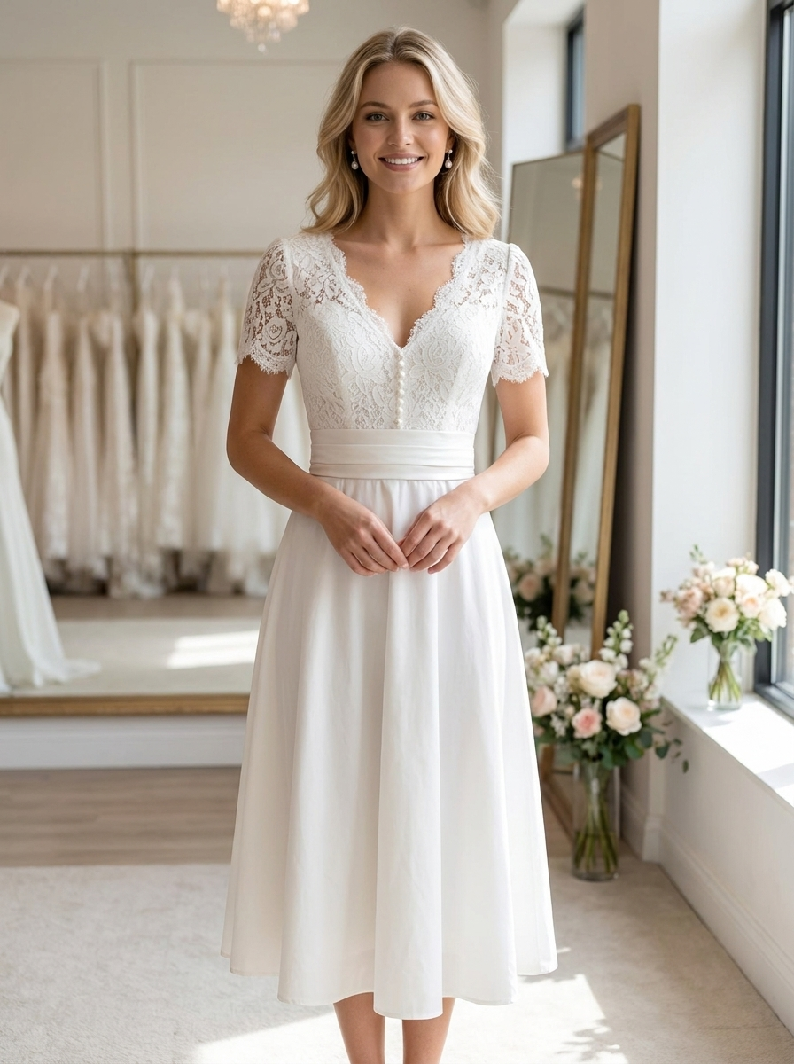 Elegant women's V-neck short sleeve midi wedding dress in white