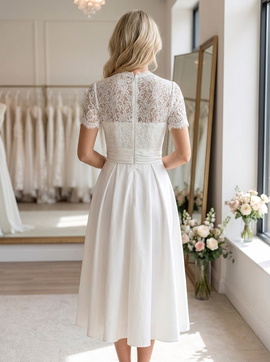 Bride in a sophisticated short sleeve midi bridal gown with V-neckline