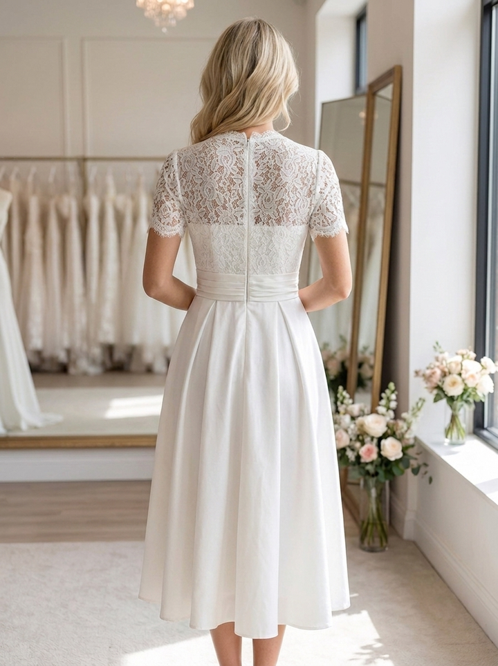 Bride in a sophisticated short sleeve midi bridal gown with V-neckline