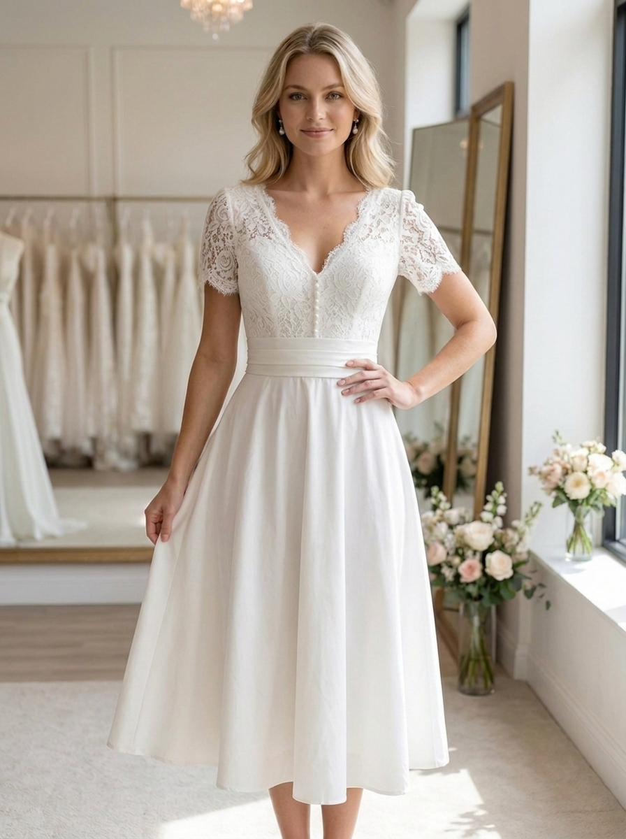 Chic formal women's wedding dress, midi length, V-neck, short sleeves