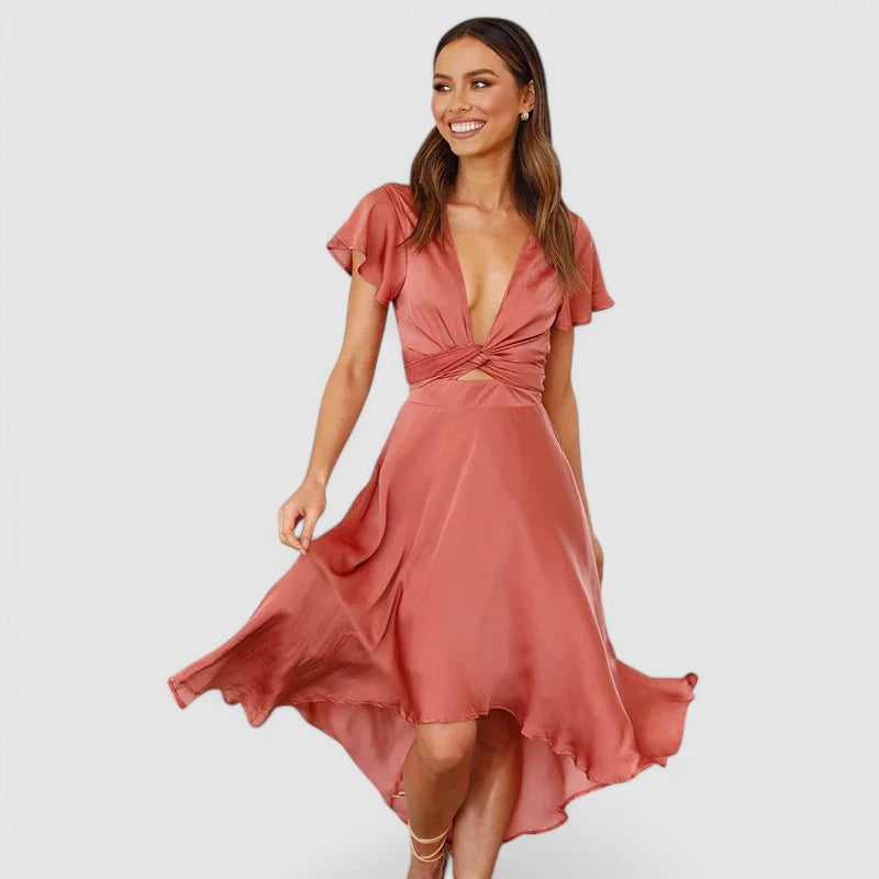 Elegant women's V-neck wrap midi dress, perfect for cocktail parties & formal events. Flattering short sleeve design.