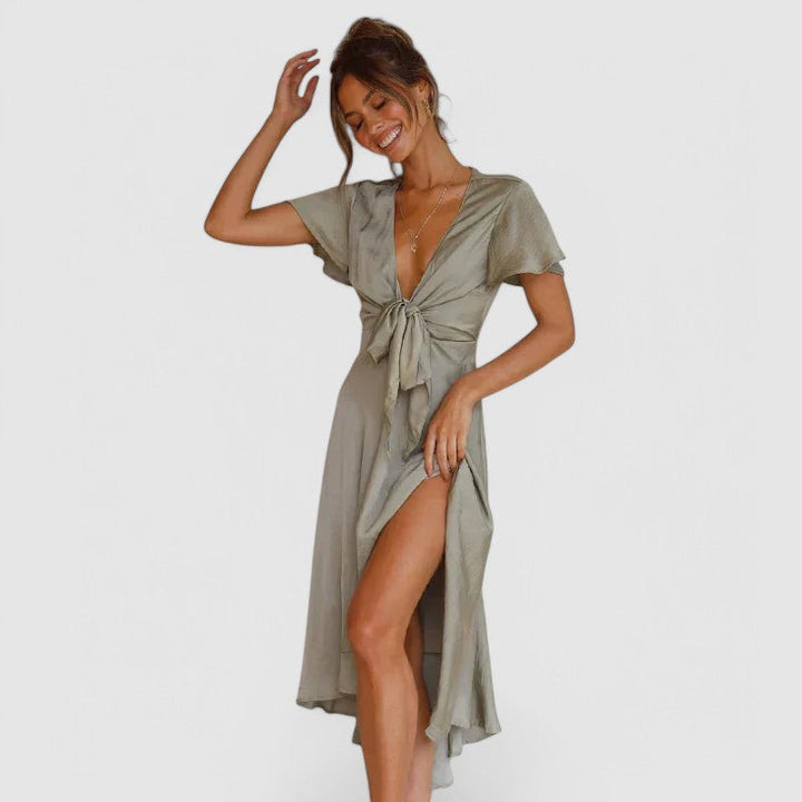 Flattering women's V-neck wrap midi dress, a chic short sleeve formal design for cocktail parties & elegant events.
