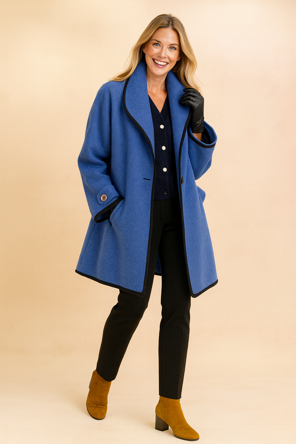 Elegant women's winter jacket with stylish contrasting trim, perfect for sophisticated cold-weather fashion.