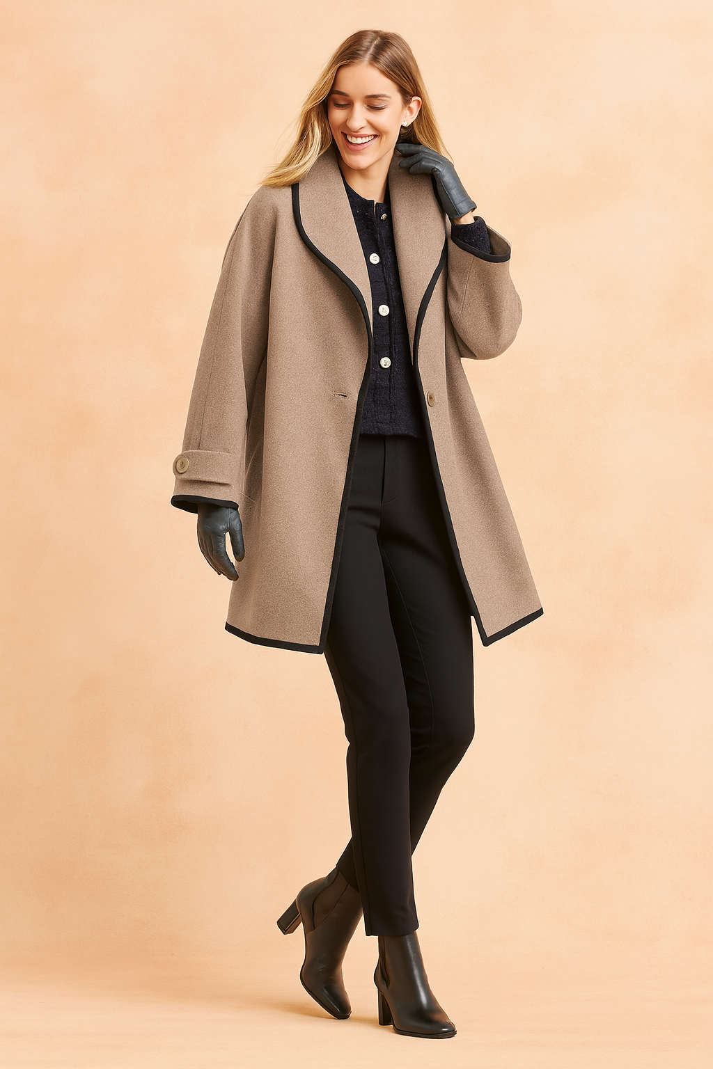 Sophisticated women's relaxed fit winter jacket, featuring elegant contrasting trim for stylish outerwear.