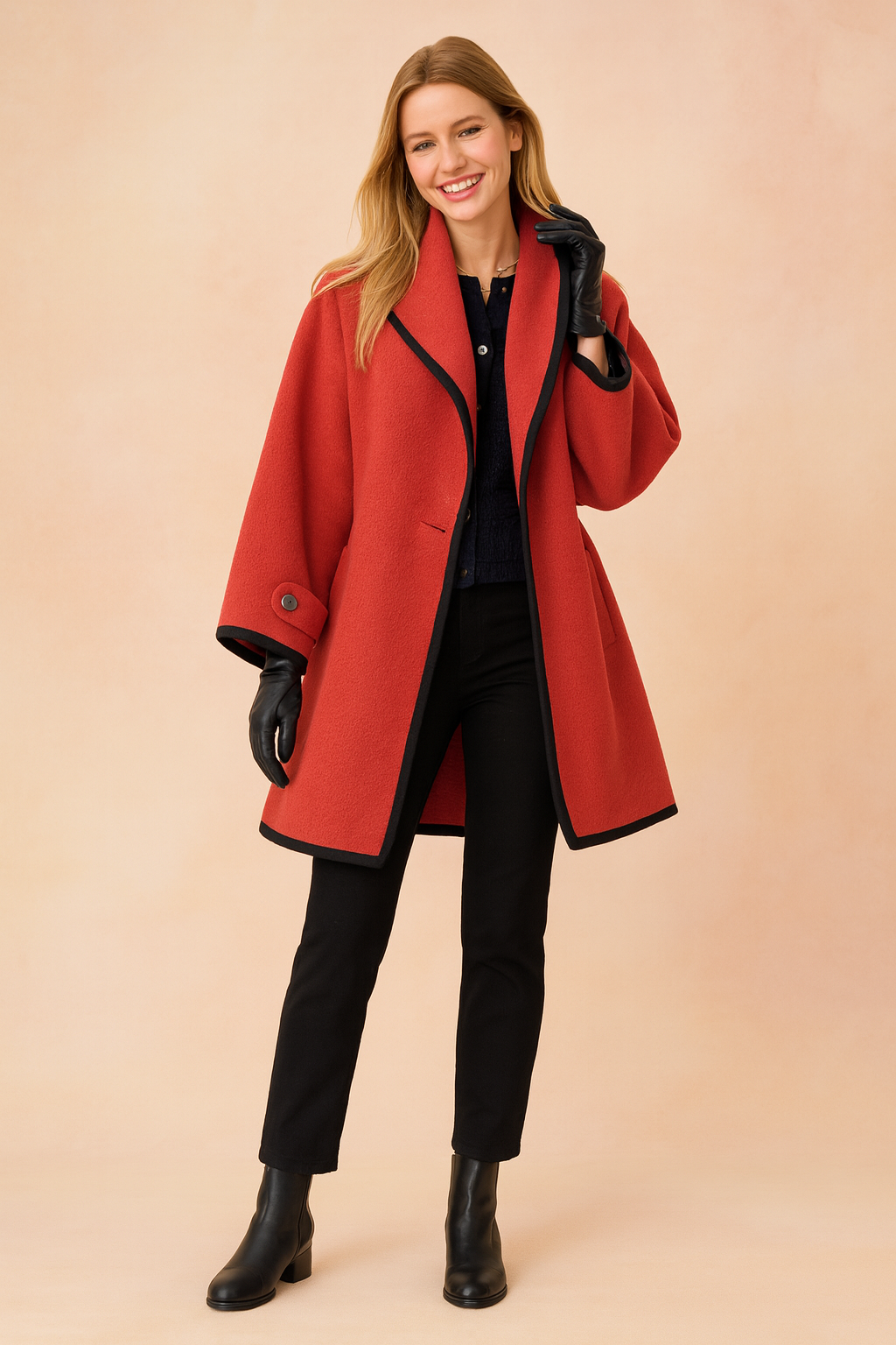 Women's long winter coat with elegant contrasting trim, a warm and stylish outerwear piece for cold weather.