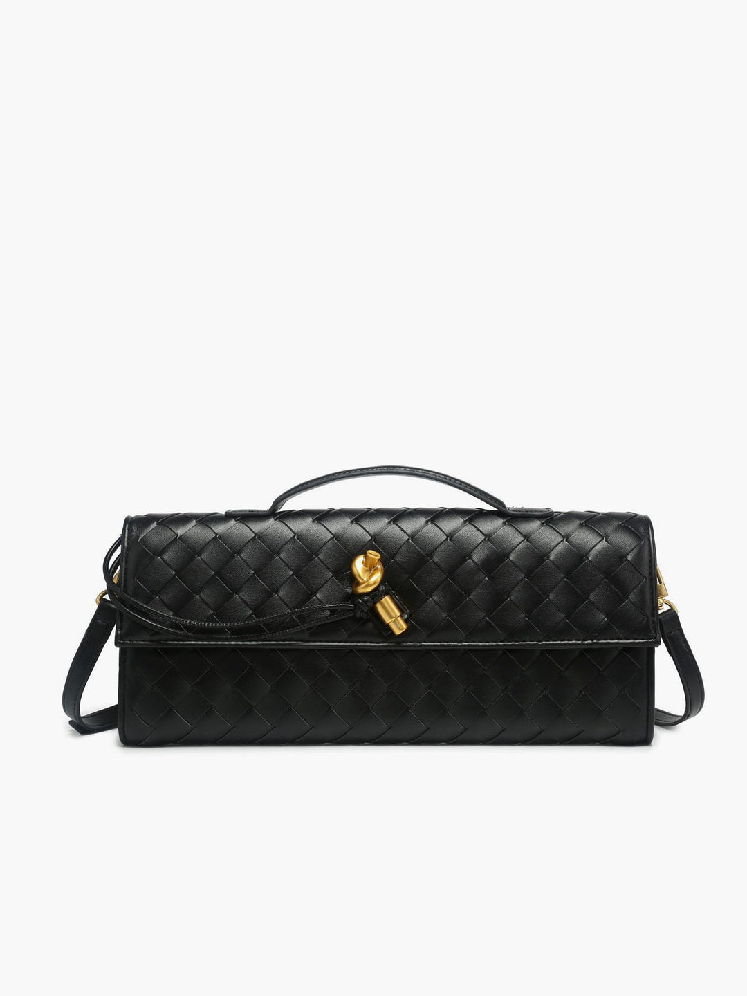 Elegant women's woven flap clutch handbag, perfect for evening events.
