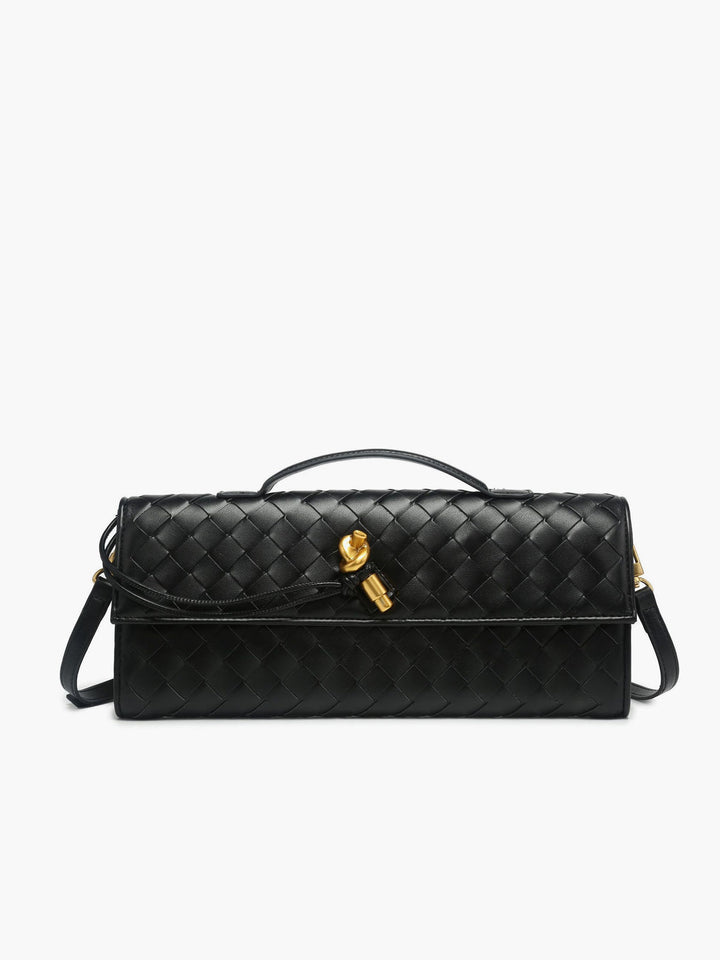 Elegant women's woven flap clutch handbag, perfect for evening events.