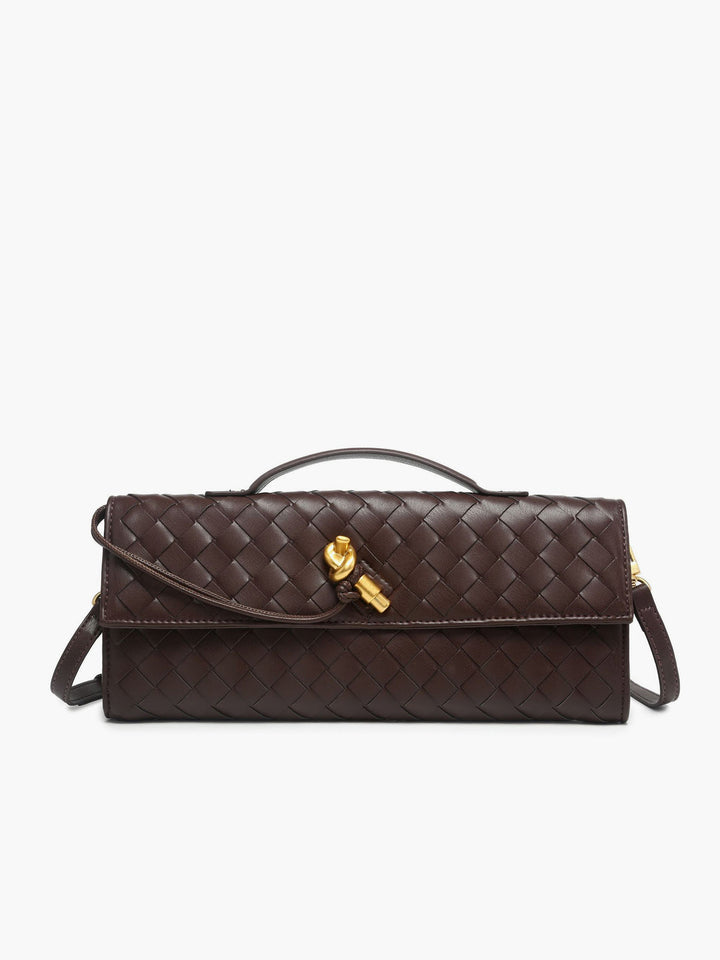 Stylish women's woven flap handbag, an elegant accessory for evening outfits.