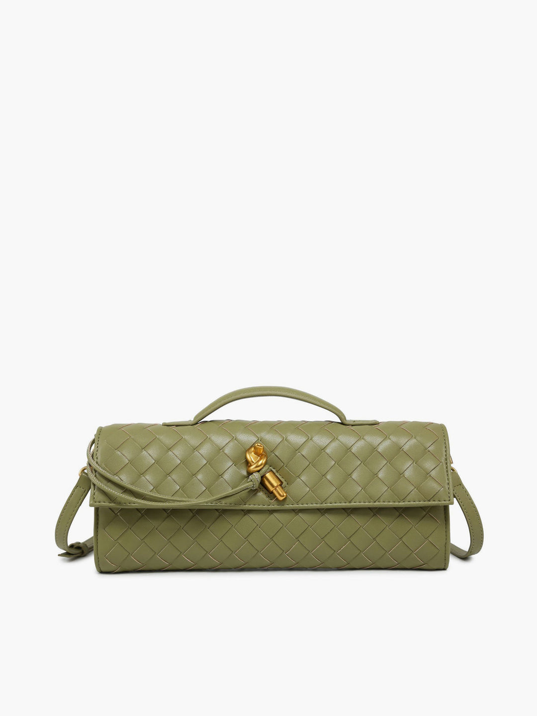 Women's elegant woven flap clutch handbag, a sophisticated evening fashion accessory.