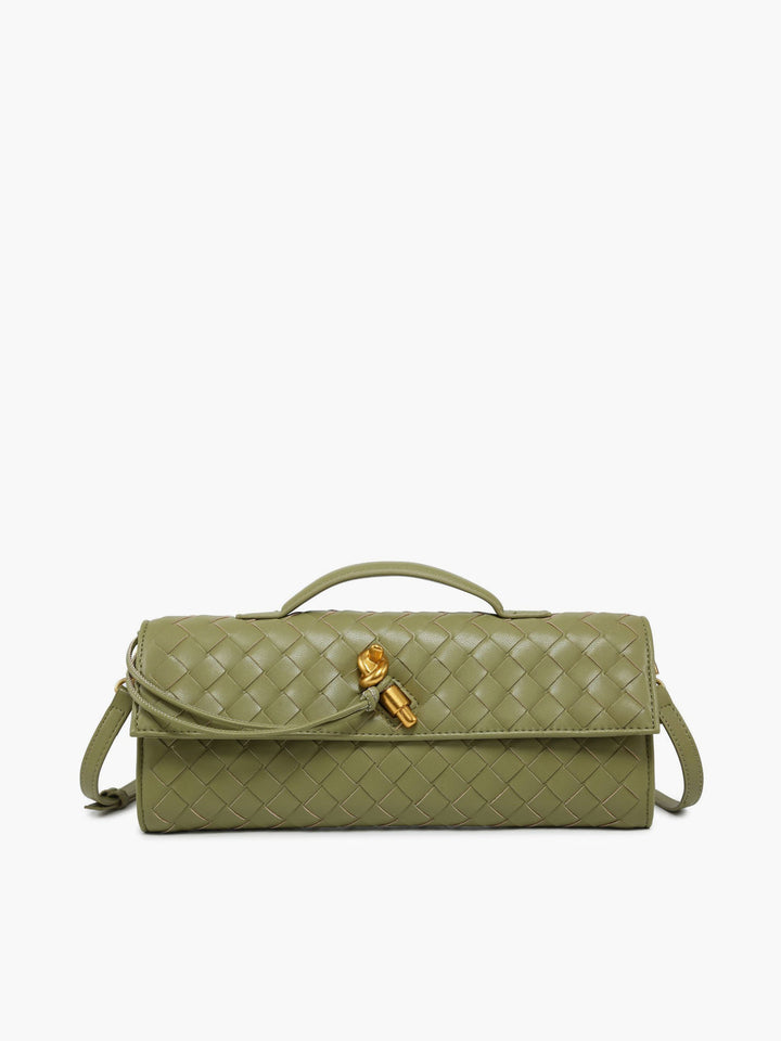 Women's elegant woven flap clutch handbag, a sophisticated evening fashion accessory.