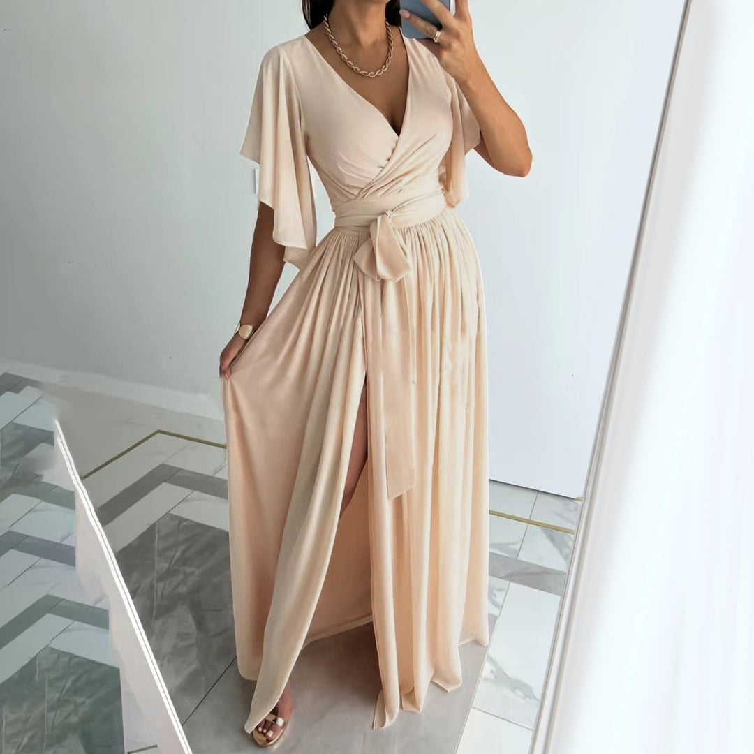Elegant Women's Wrap Maxi Bridesmaid Dress with Flutter Sleeves and V-Neck