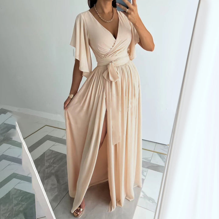 Elegant Women's Wrap Maxi Bridesmaid Dress with Flutter Sleeves and V-Neck