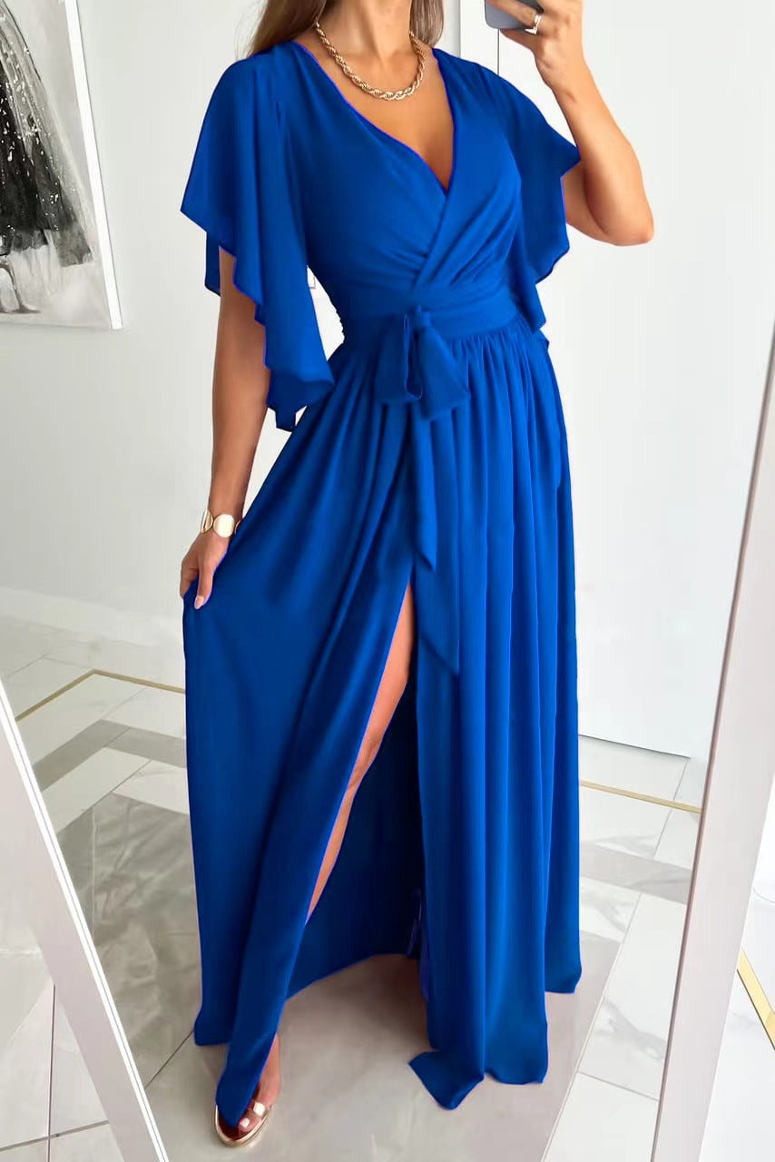 Women's V-Neck Evening Gown in a Flowy Wrap Silhouette, Perfect for Parties