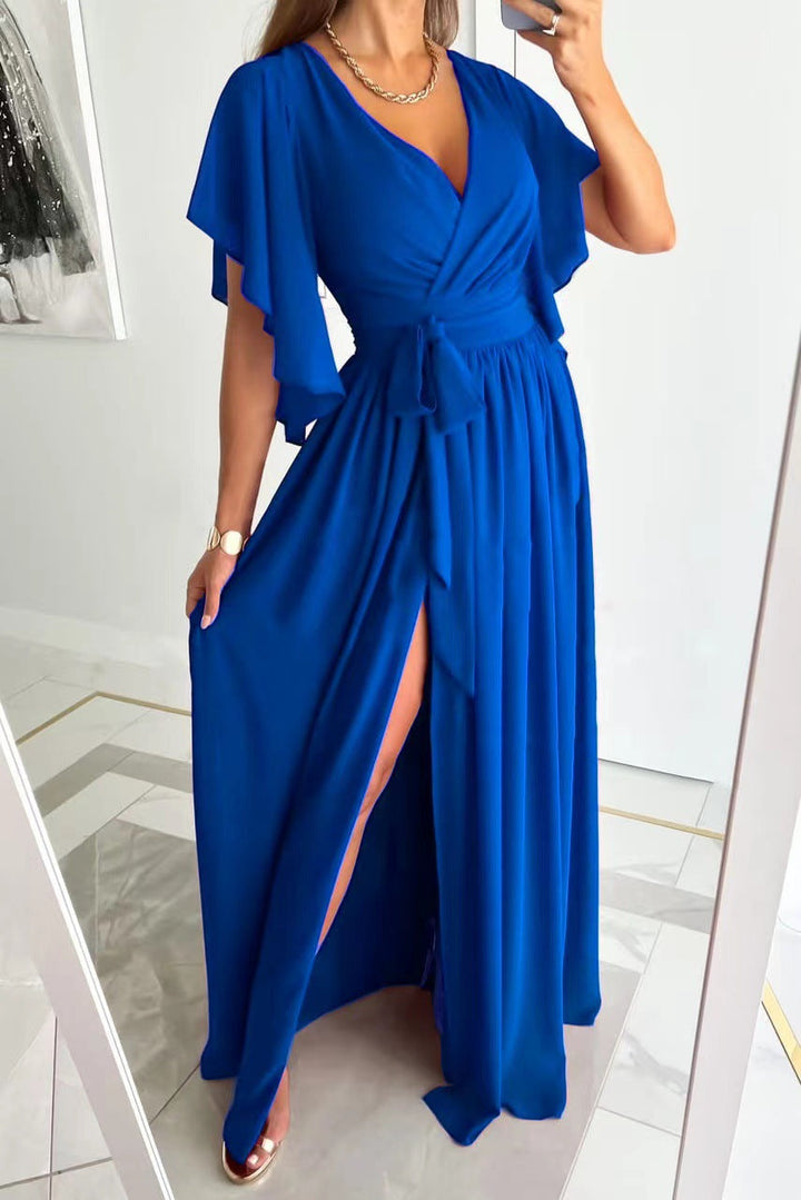 Women's V-Neck Evening Gown in a Flowy Wrap Silhouette, Perfect for Parties
