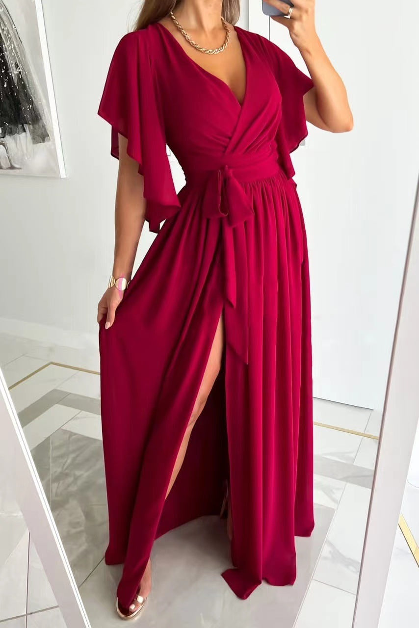 Stylish Formal Dress: Women's Wrap Maxi Bridesmaid Gown with Flutter Sleeves