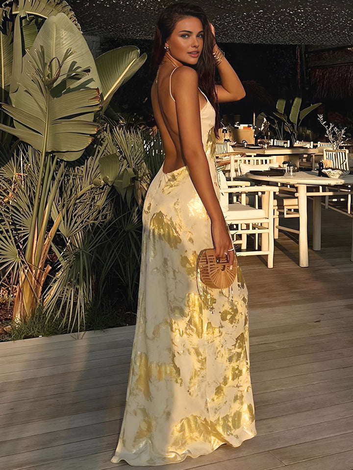 Sophisticated yellow floral formal maxi dress for women. Versatile for evening wear, wedding guests & parties.