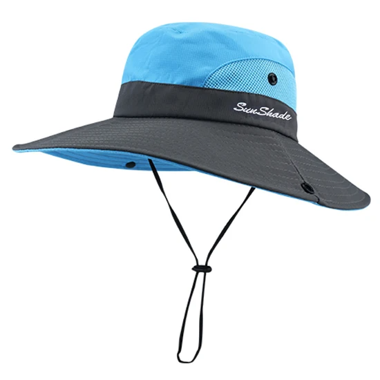 Front view of a women's stylish wide-brim UV sun hat, perfect for summer beach fashion.