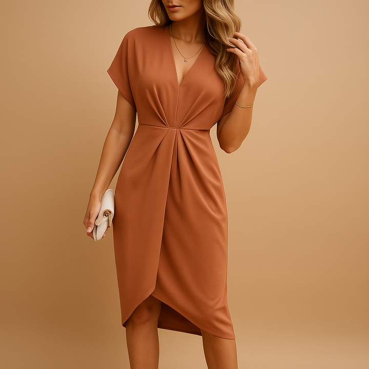 Classic women's midi wrap dress in a flattering silhouette. Elegant and versatile for spring & summer fashion.