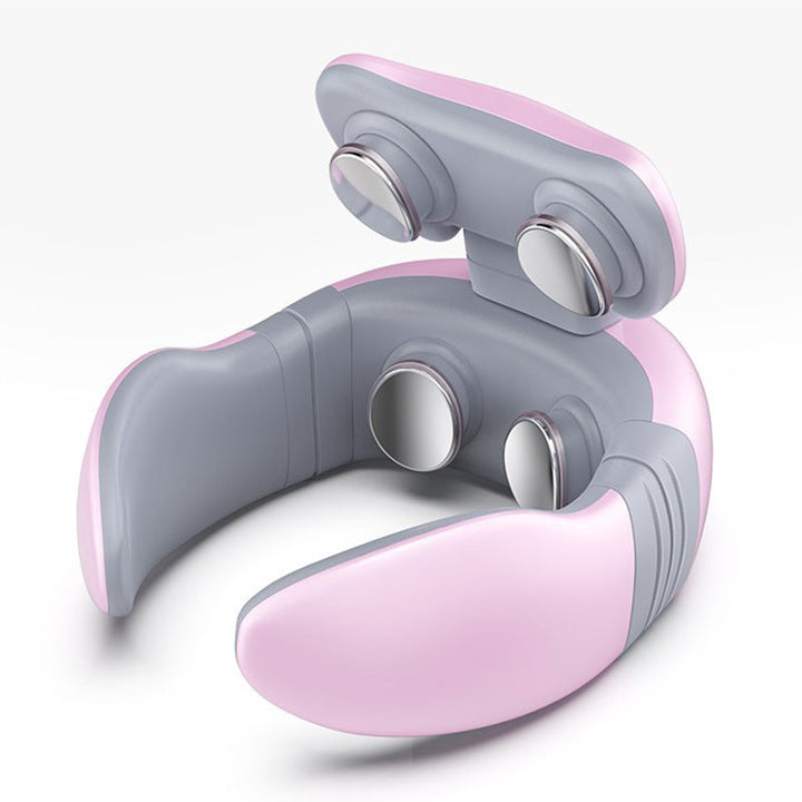 Slim neck massager using electrical pulse therapy for targeted pain relief & deep muscle relaxation. Wellness device.