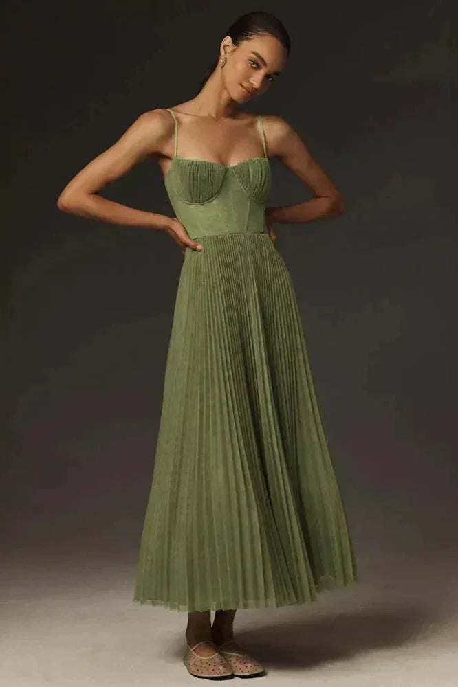Elegant women's pleated corset midi dress in green, perfect for wedding guests, race day, or formal events.