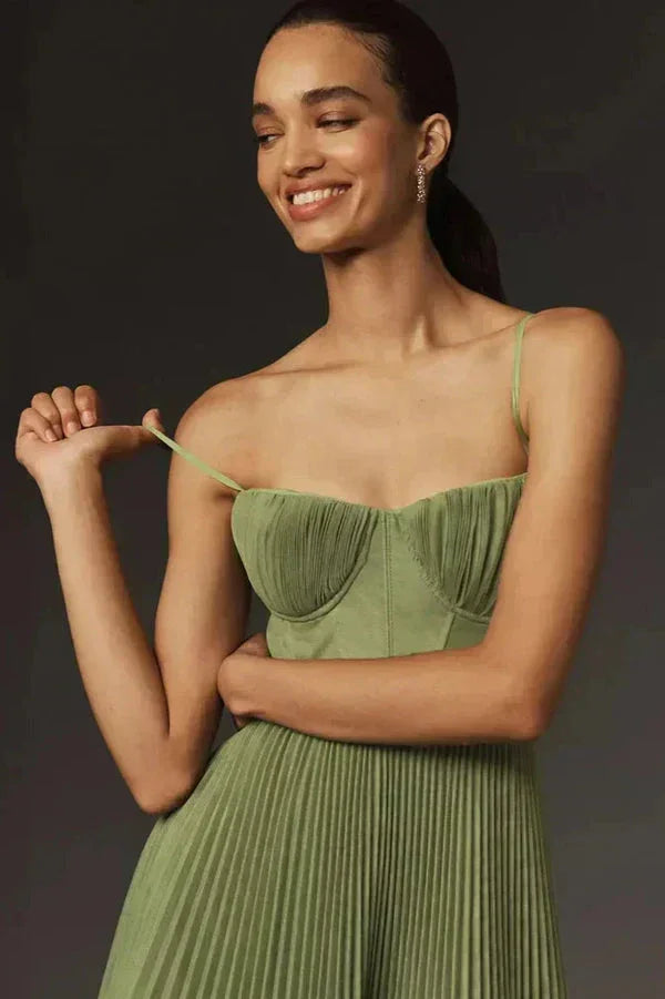 Sophisticated women's green pleated midi dress with a stylish corset bodice for elegant special occasions.
