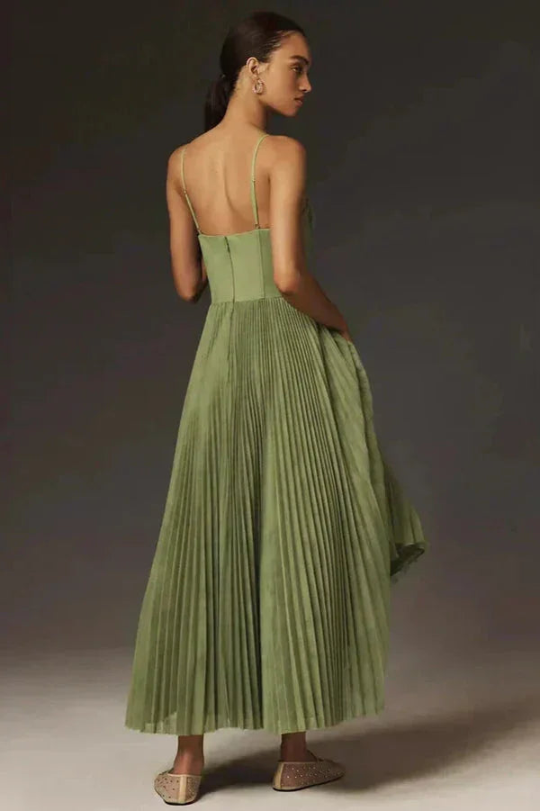Green pleated corset midi dress for women, an elegant choice for wedding guests, race day, or formal parties.