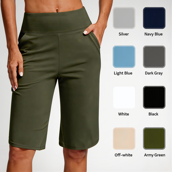 Stylish women's high waist bike shorts with practical pockets for sleek athleisure & active wear.