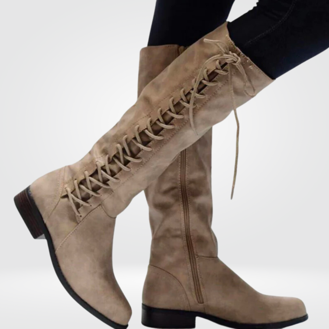 Close-up of Elena Women's High Boots, highlighting the non-slip sole for winter traction.