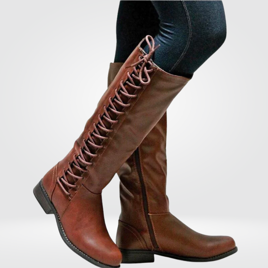 Woman wearing Elena Comfortable Autumn Boots, demonstrating their versatile fashion appeal.