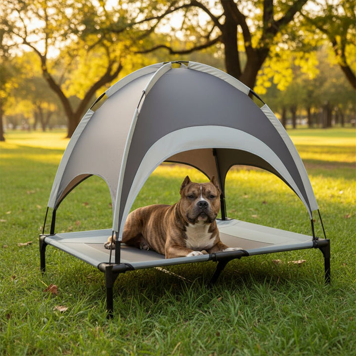 Portable elevated dog bed for outdoors, featuring a built-in cooling mat & UV protection sun shade for summer comfort.