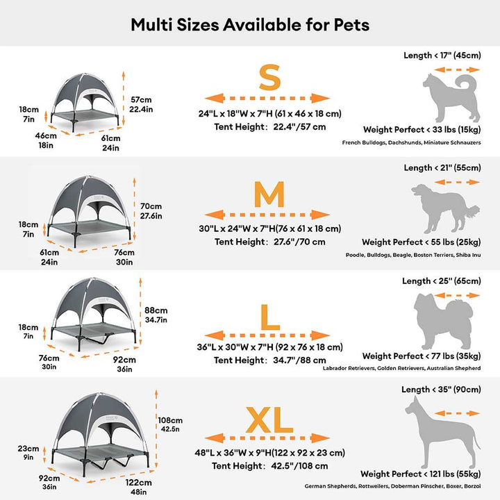 Lightweight elevated dog bed with UV protection & a cooling mat, ideal for outdoor summer use & travel. Pet comfort.