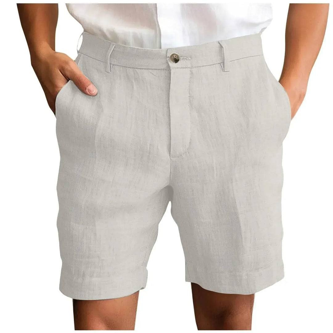 Men's summer linen shorts in action, perfect for a relaxed yet stylish warm weather outfit.