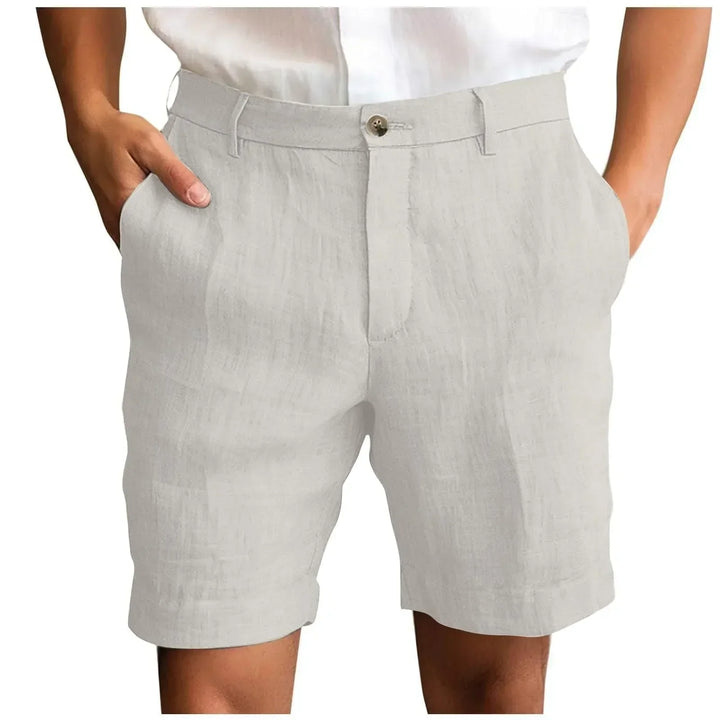 Men's summer linen shorts in action, perfect for a relaxed yet stylish warm weather outfit.