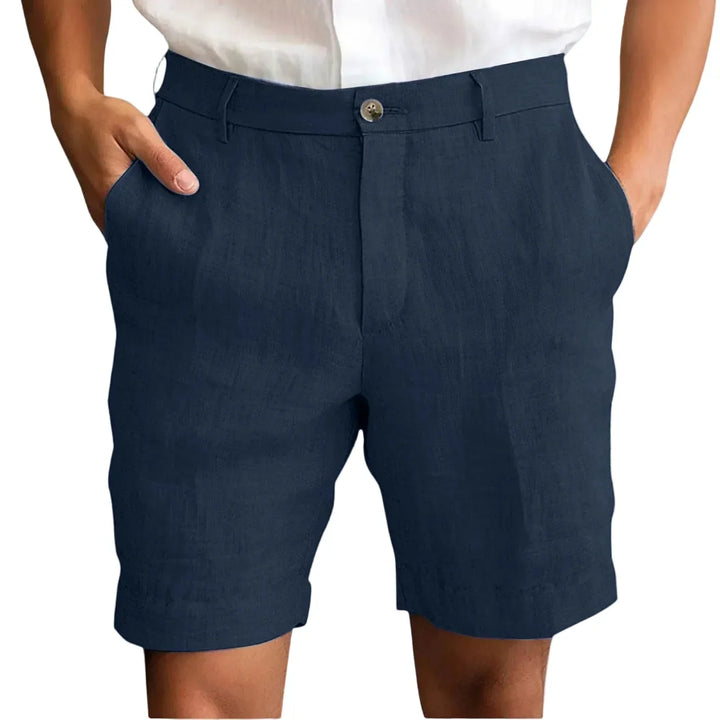 Front view of men's tailored linen shorts, showcasing stylish cut for warm weather fashion.