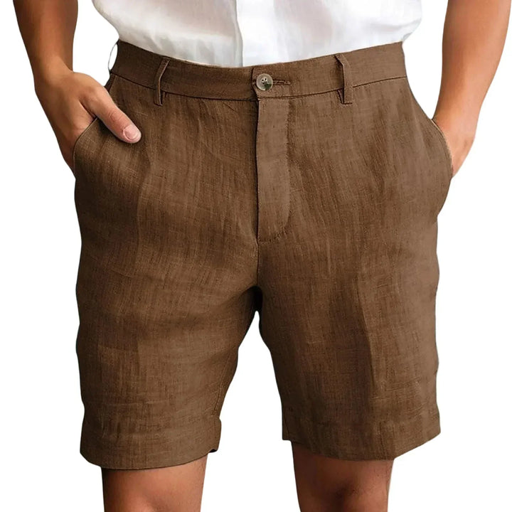 Side profile of men's casual linen shorts, emphasizing comfort and tailored fit for summer.