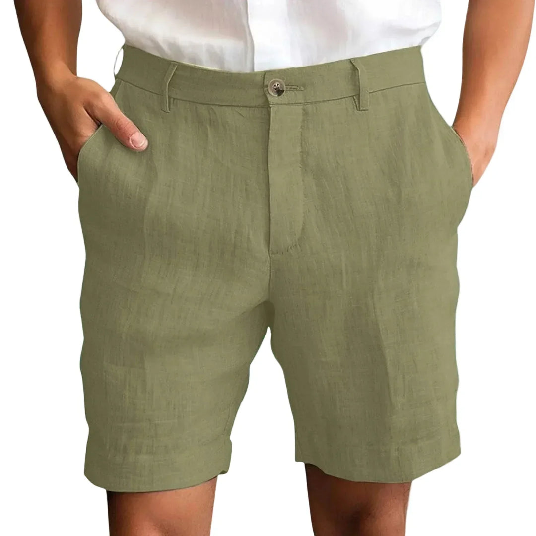 Close-up of fabric on men's linen shorts, highlighting breathable material for warm weather comfort.