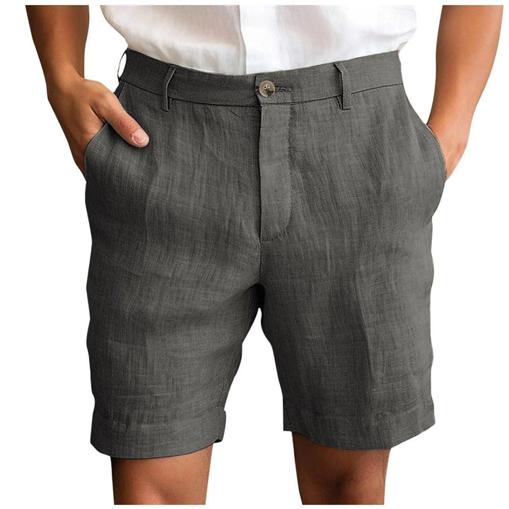 Back view of men's tailored linen shorts, showing pocket details and modern fit for everyday wear.