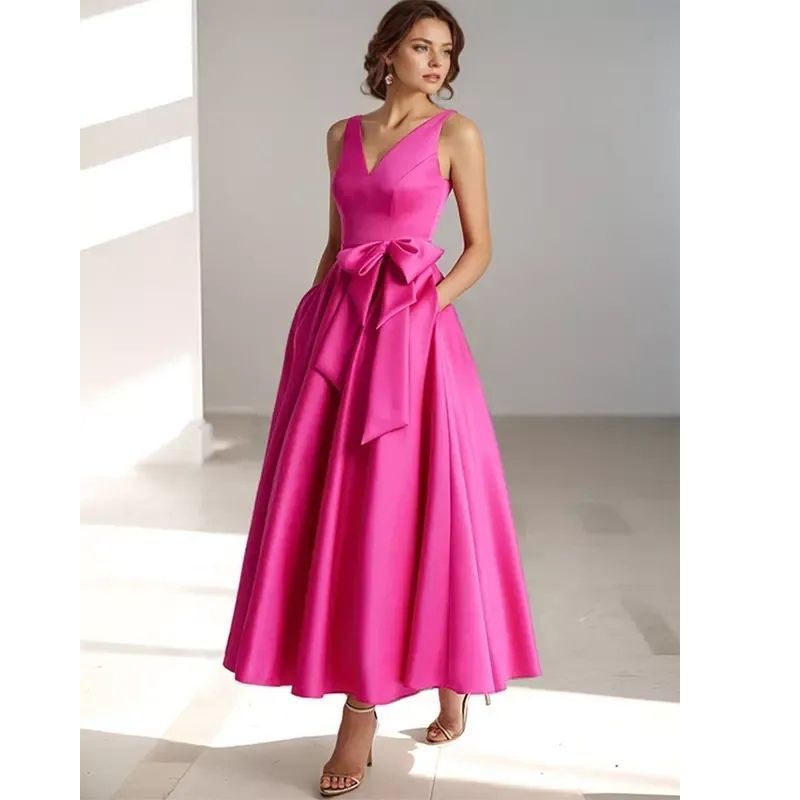 Flattering A-line pleated V-neck midi dress for women, perfect for sophisticated events.